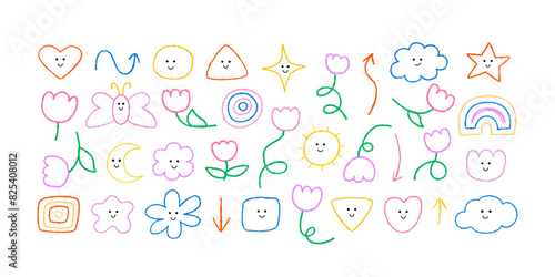 Set of cute abstract various childish shapes and graphic elements. Stars  moon  sun  heart  butterfly and flowers. Collection of crayon and charcoal icons with funny faces. Doodle vector illustrations