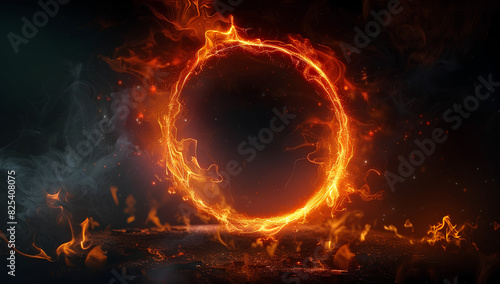 Circle of Fire flame with movment on black background  Beautiful yellow  orange and red and red blaze fire flame texture style
