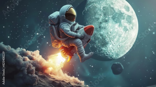 Astronaut riding a rocket and background moon