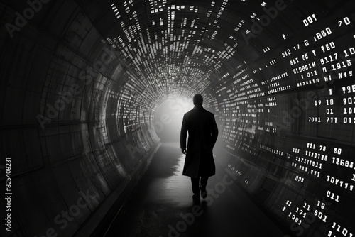 Man walking in futuristic technology tunnel with computer code photo