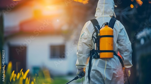 Exterminator in work wear spraying pesticide with sprayer. Selective focus photo