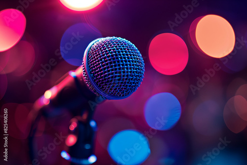 Vivid Close-Up of a Microphone with Bokeh Lights Background in a Live Performance Setting