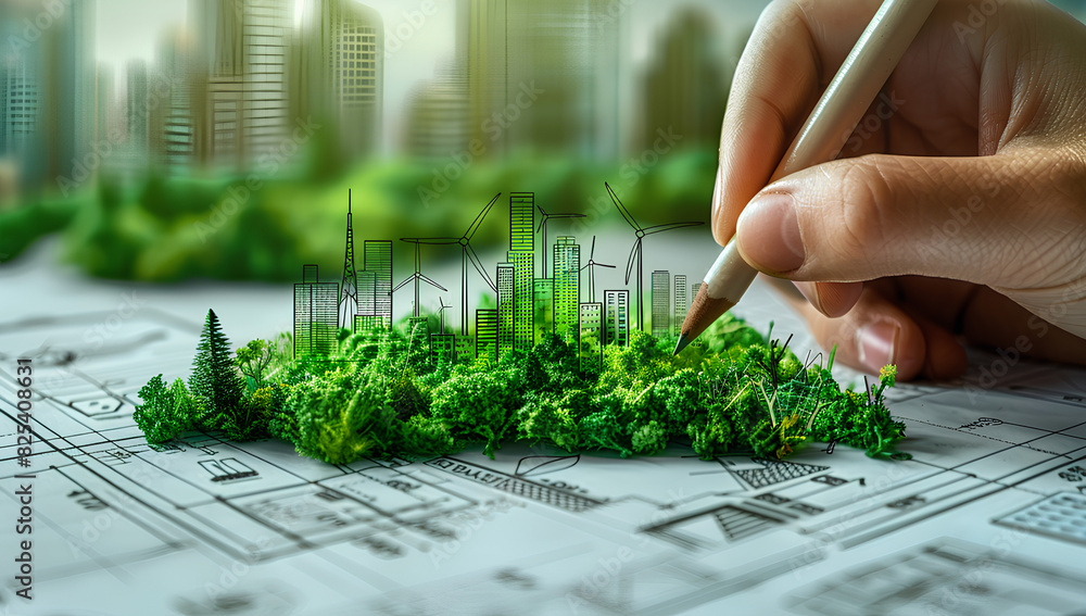 Businessman planning on environmental protection initiative for clean and sustainable future ecology, ESG environmental social governance display on paper chart on eco-friendly company
