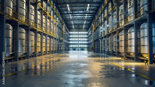Rows of large metal storage tanks in a spacious, well-lit industrial facility during the day. The floor is polished and reflective, creating a clean and organized environment.