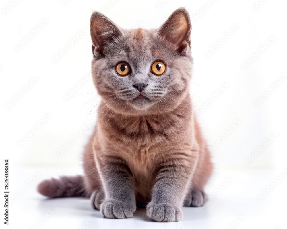 Chartreux breed cat sitting isolated on white background looking at camera.