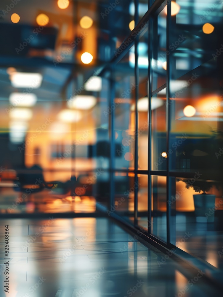 Blurred modern office space in the evening Contemporary workspace Abstract business background