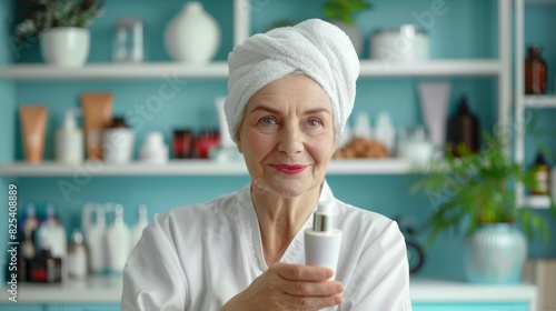 Body and skin cream promotion concept with old woman holding generic tube of cream