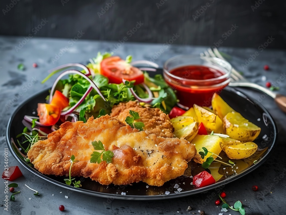 Crispy Viennese Schnitzel with Roasted Potatoes and Fresh Salad: A Taste of Europe in AR 4:3 Crispy Viennese Schnitzel with Roasted Potatoes and Fresh Salad: A Taste of Europe in AR 4:3