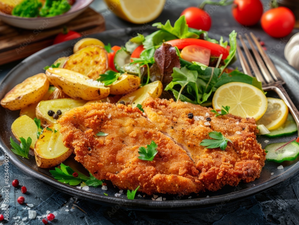 Crispy Viennese Schnitzel Feast: Baked Potatoes, Salad, and European Delights - AR 4:3 Crispy Viennese Schnitzel Feast: Baked Potatoes, Salad, and European Delights - AR 4:3