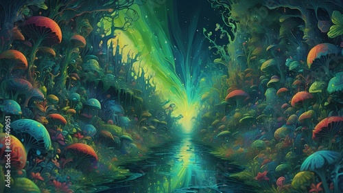 Mystical walkway through a mysterious jungle with green and colorful theme and mutant plants as an artwork illustration wallpaper