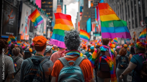 festive people with LGBT and flags parade on the street in pride month