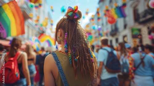 festive people with LGBT and flags parade on the street in pride month