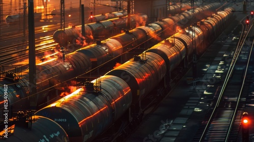 Tanker cars are lined up in a freight train yard at sunset, reflecting the fiery glow of the setting sun, with lights shining through the misty air. photo