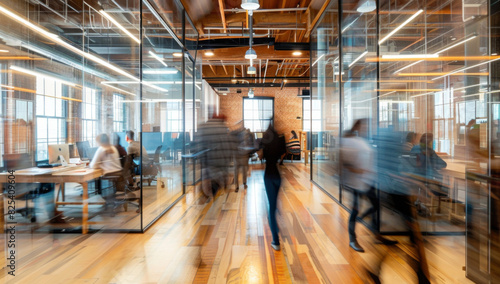 A blurred photo captures an office space with glass walls, showing busy people working at desks and walking around in the background. The scene is filled with light and colors that create depth. photo