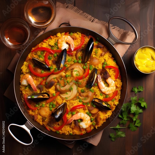 A Spanish paella  with shrimp and mussels  garnished with lemon slices.