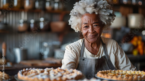 A woman wearing a chef hat and a white shirt stands at a counter in a kitchen, smiling and looking at the camera.