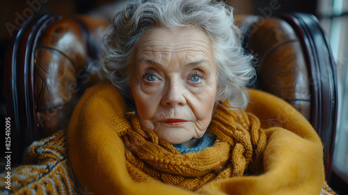 Close-up Portrait of an Elderly Woman with Grey Hair and a Yellow Blanket