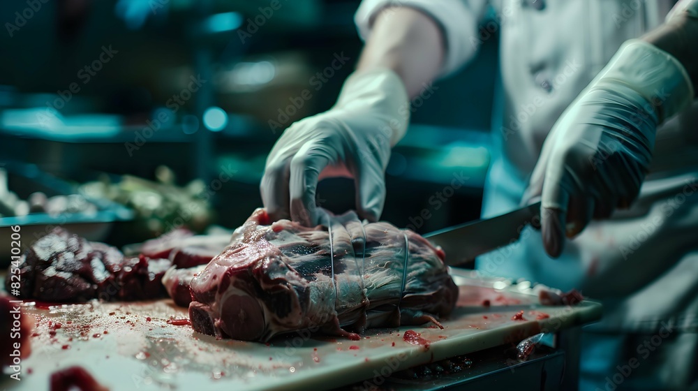 Closeup on butcher's hands in gloves working in butchery. Closeup on butcher's hands in gloves working in butchery.