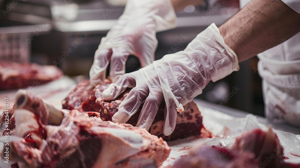 Closeup on butcher's hands in gloves working in butchery.