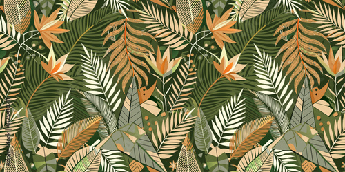 Seamless pattern of tropical palm leaves and ferns layered with geometric shapes and patterns Vector