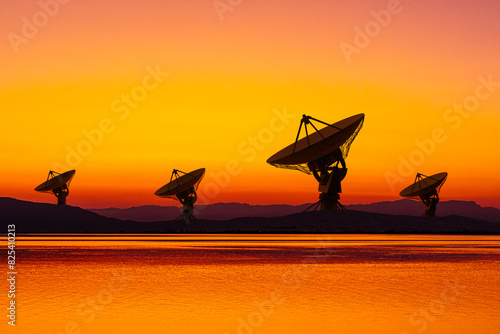 Sunset silhouettes of telecommunication antennas photo