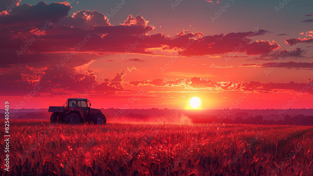 Fototapeta premium Irrigation tractor at sunset, showcasing tech role in modern agriculture and food sustainability,generative ai