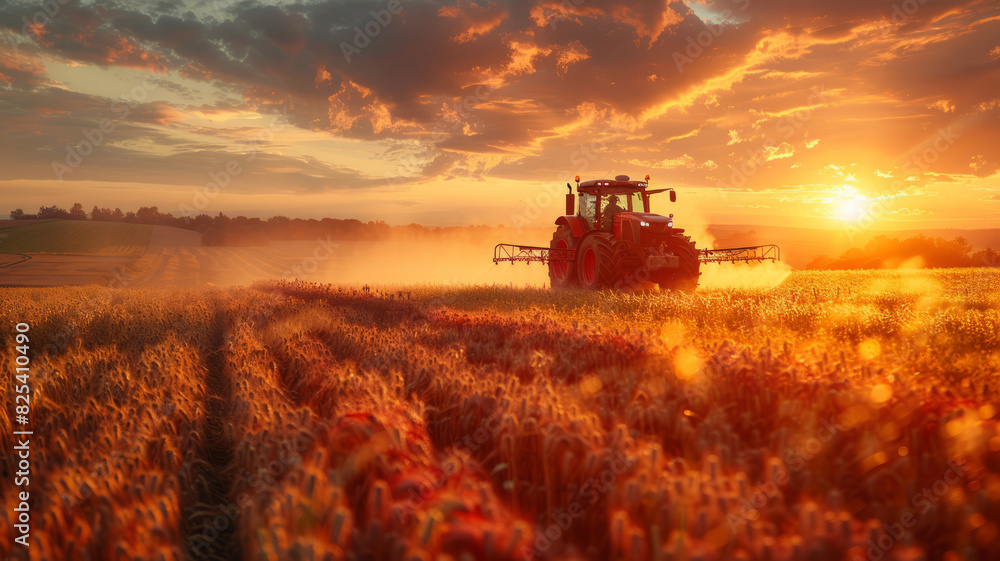 Fototapeta premium Irrigation tractor at sunset, showcasing tech role in modern agriculture and food sustainability,generative ai