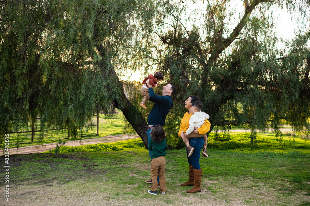 Obraz premium Lifestyle portrait of young family together in front of tree at sunset as dad lifts toddler into the air
