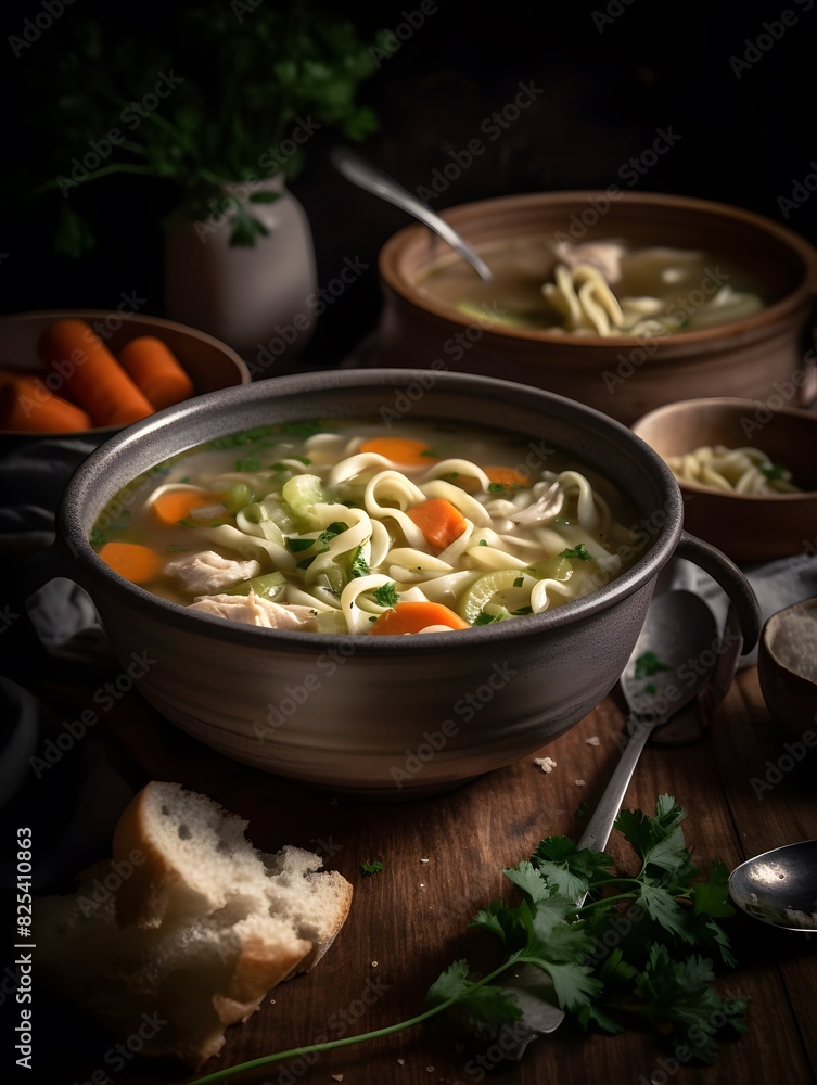 Hearty homemade chicken fusilli soup with carrots and fresh herbs. Hearty homemade chicken fusilli soup with carrots and fresh herbs.