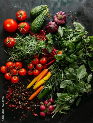 Fresh vegetables on black background. Variety of raw vegetables. Colorful various herbs and spices for cooking on dark background  copy space  banner. Generative AI