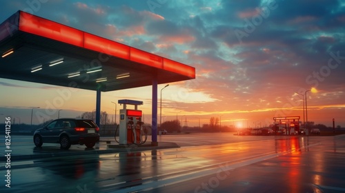 A car parked next to a gas pump at a service station, under fluorescent lights. photo