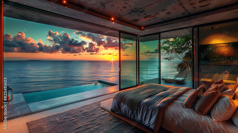 Fototapeta premium Luxurious hotel room with stunning ocean views at sunset
