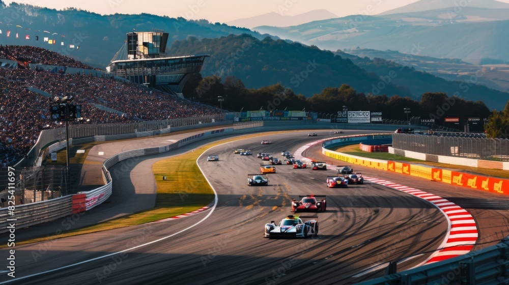Cars race on a brightly lit track with a large audience in the stands, surrounded by mountainous terrain.