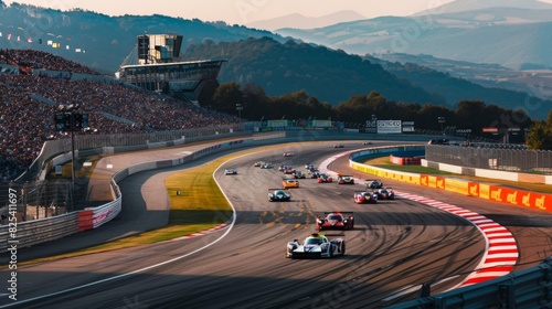 Cars race on a brightly lit track with a large audience in the stands, surrounded by mountainous terrain. photo