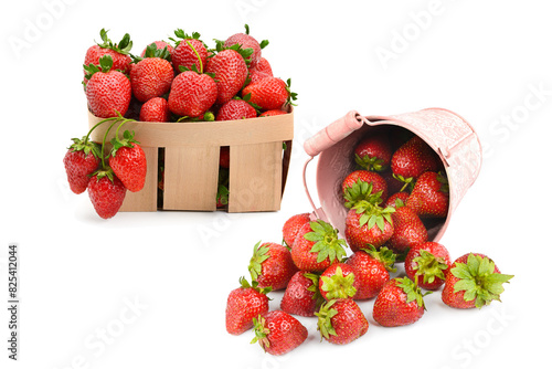 Ripe appetizing strawberries in a bucket and in a Wicker basket isolated on a white. Collage. There is free space for text.