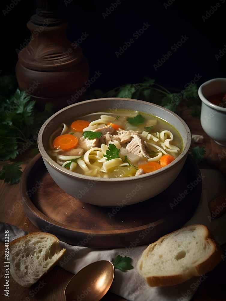 Hearty homemade chicken fusilli soup with carrots and fresh herbs. Hearty homemade chicken fusilli soup with carrots and fresh herbs.