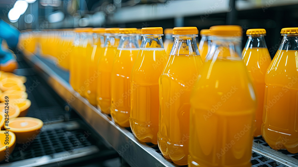 Orange juice production, with bottles of juice on a conveyor belt Orange juice production, with bottles of juice on a conveyor belt
