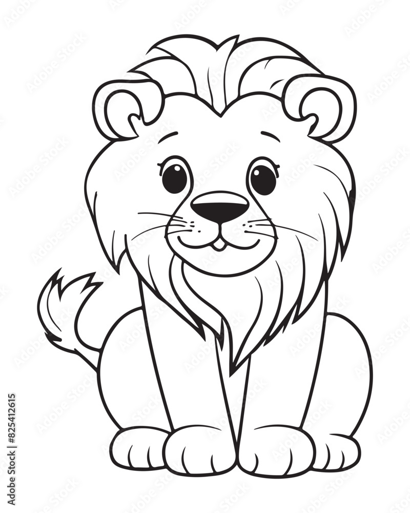 Fototapeta premium a cute cartoon lion with a big mane and a happy face sits on the ground