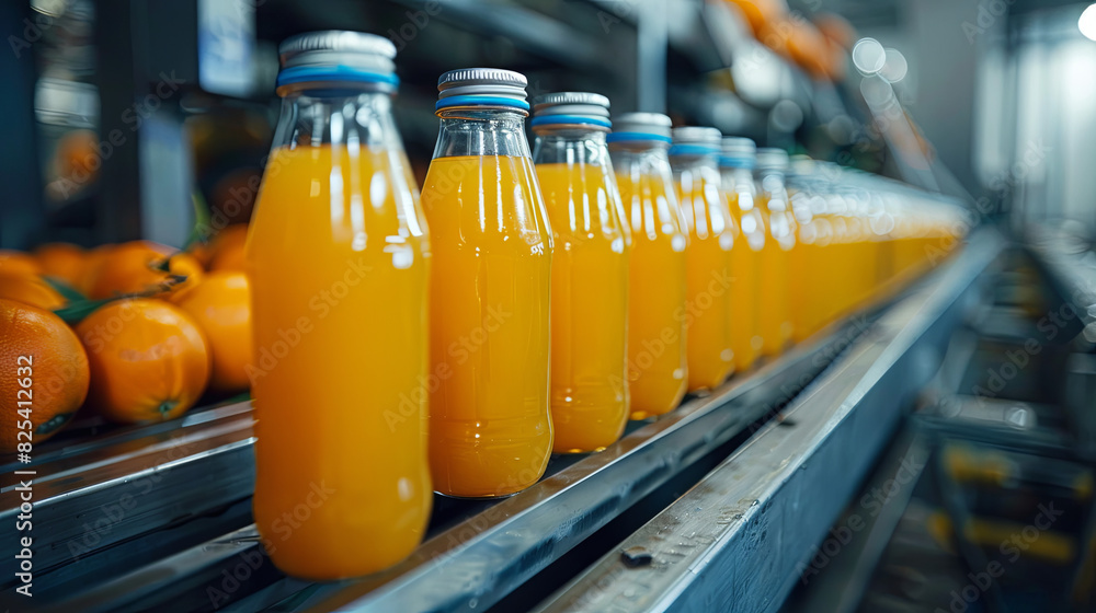 Orange juice production, with bottles of juice on a conveyor belt Orange juice production, with bottles of juice on a conveyor belt