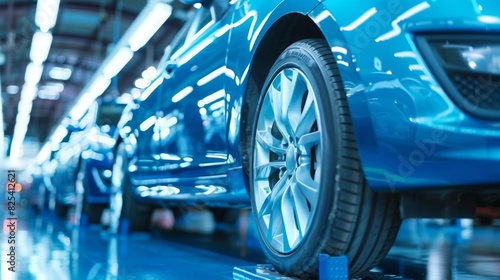 A blue electric car stands on an assembly line in a well-lit modern factory. The vehicle's detailed wheels and glossy paintwork are highlighted under the factory's lights.