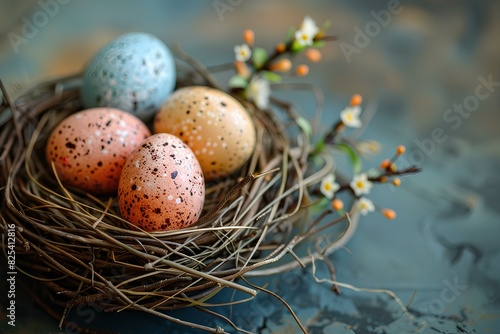 A close up of three eggs in a nest
