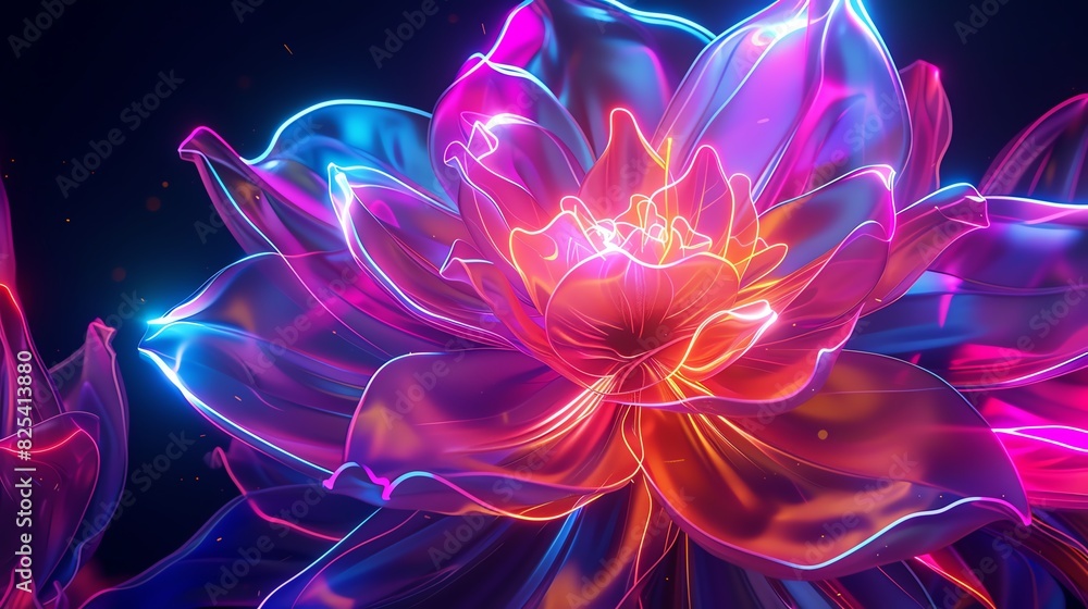 Obraz premium Neon spectrum bloom 3D render with glowing lines forming a radiant flower for Pride Month