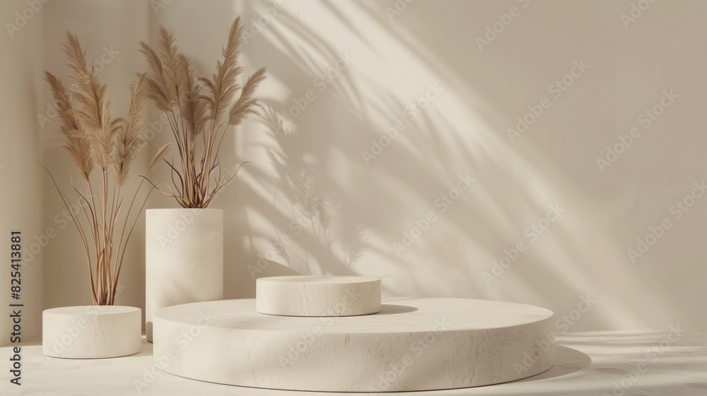 Minimalist Beige Toned Round Podiums for Product Presentation on Empty Background. Ideal for E-commerce and Advertising Displays, Showcasing Minimalist Style and Elegance. Minimalist Beige Toned Round Podiums for Product Presentation on Empty Background. Ideal for E-commerce and Advertising Displays, Showcasing Minimalist Style and Elegance.