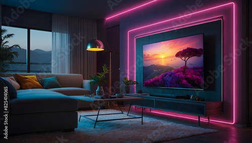 Smart tv in modern living room interior design with neon lights, 3d render. Generative ai. © Gang studio