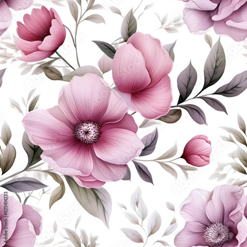 Watercolor Seamless Pattern With Luxury Pink Flowers, Leaves and Branches, for Modern Home Decor, Textiles, Wrapping Paper, Wallpaper, Fabric Print, Greeting Cards, Invitation Card, Wall Sticker