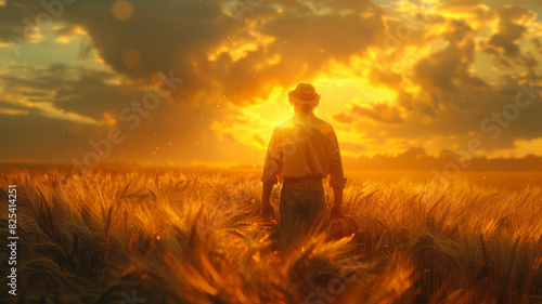 a young farmer  on the horizon of the field  receiving the blessing of the harvest  he is happy generative ai
