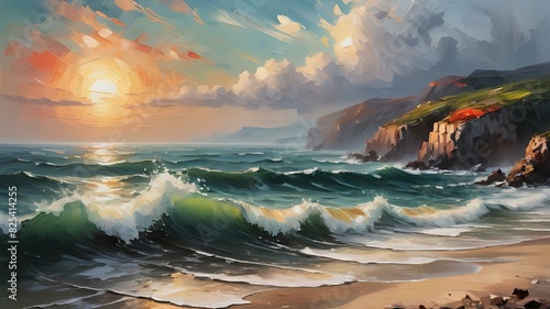 Landscape view of a sea in sunset evening beach beautiful sky oil painting. Artistic nature view of sun by the ocean