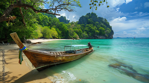 Boat on the shore of a tropical beach and ocean