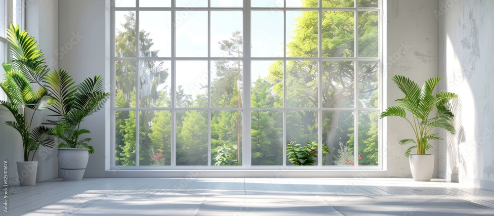 A large window with a view of trees and a potted plant A large window with a view of trees and a potted plant