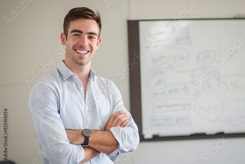A handsome smiling young man in an office wearing business casual , standing with his arms crossed looking at the camera and having one hand on his hip, whiteboard behind him